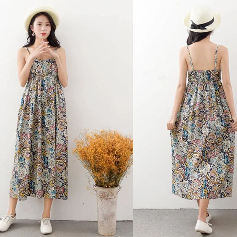 100% Cotton Spaghetti Strap Casual  Beach Floral Print Dress