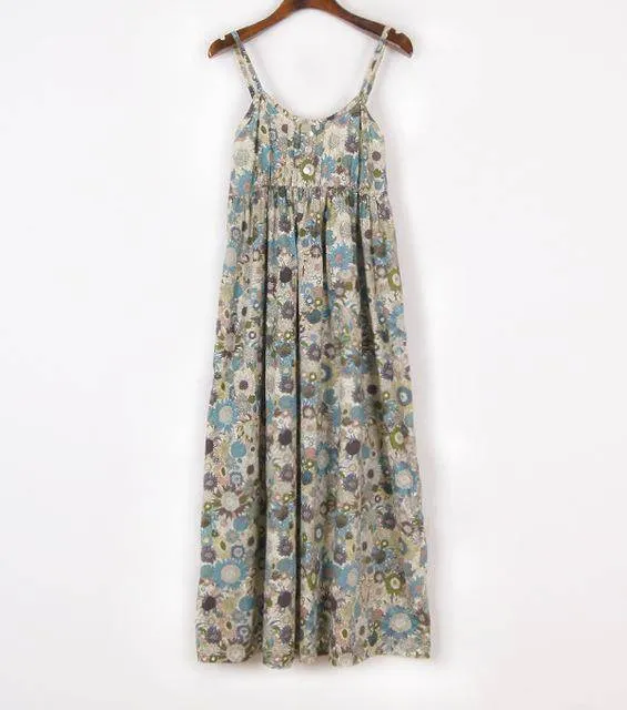 100% Cotton Spaghetti Strap Casual  Beach Floral Print Dress