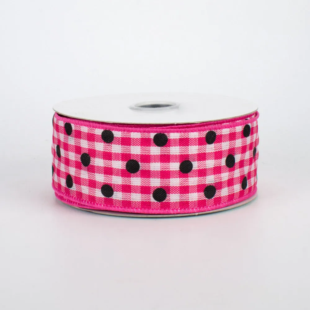 1.5"x10yd Polka Dot Gingham, Dark Pink/White/Black  J20D