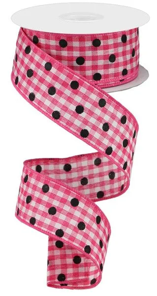 1.5"x10yd Polka Dot Gingham, Dark Pink/White/Black  J20D