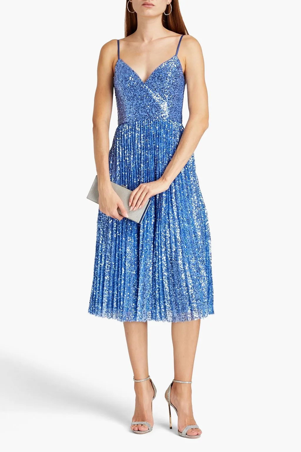 AIDAN MATTOX pleated tulle midi dress with sequins, blue