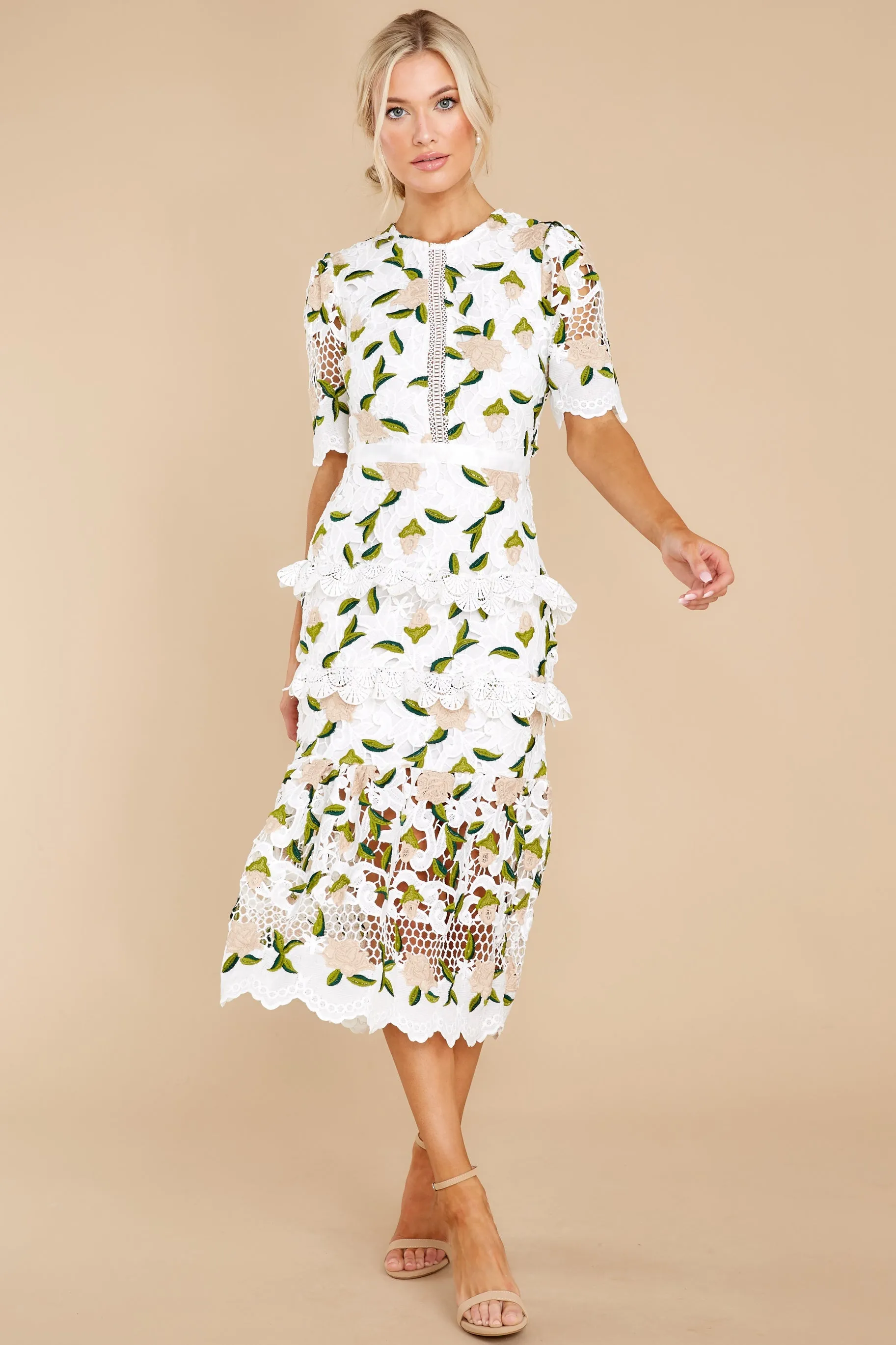 All I Wanted Tan Floral Lace Midi Dress