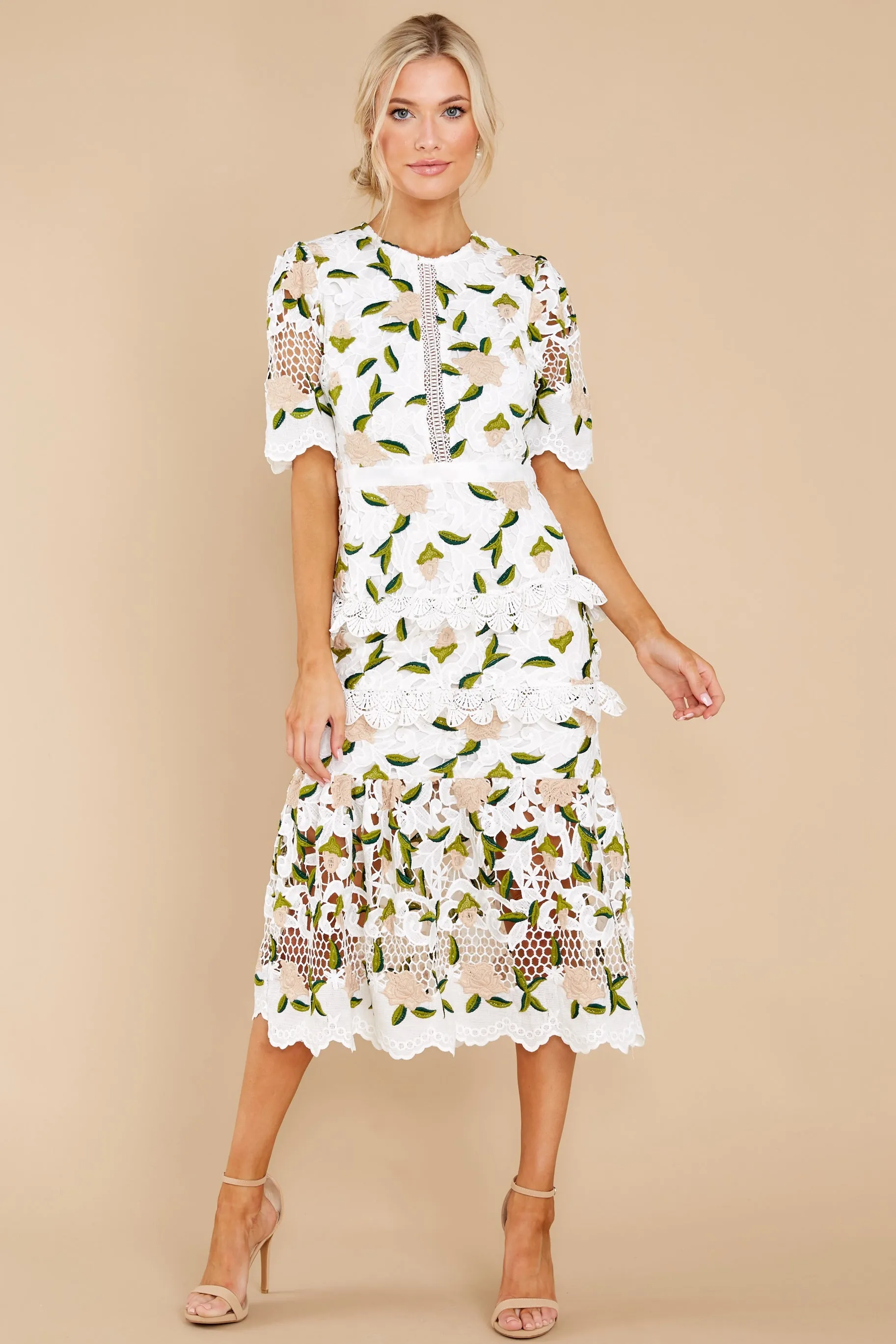 All I Wanted Tan Floral Lace Midi Dress