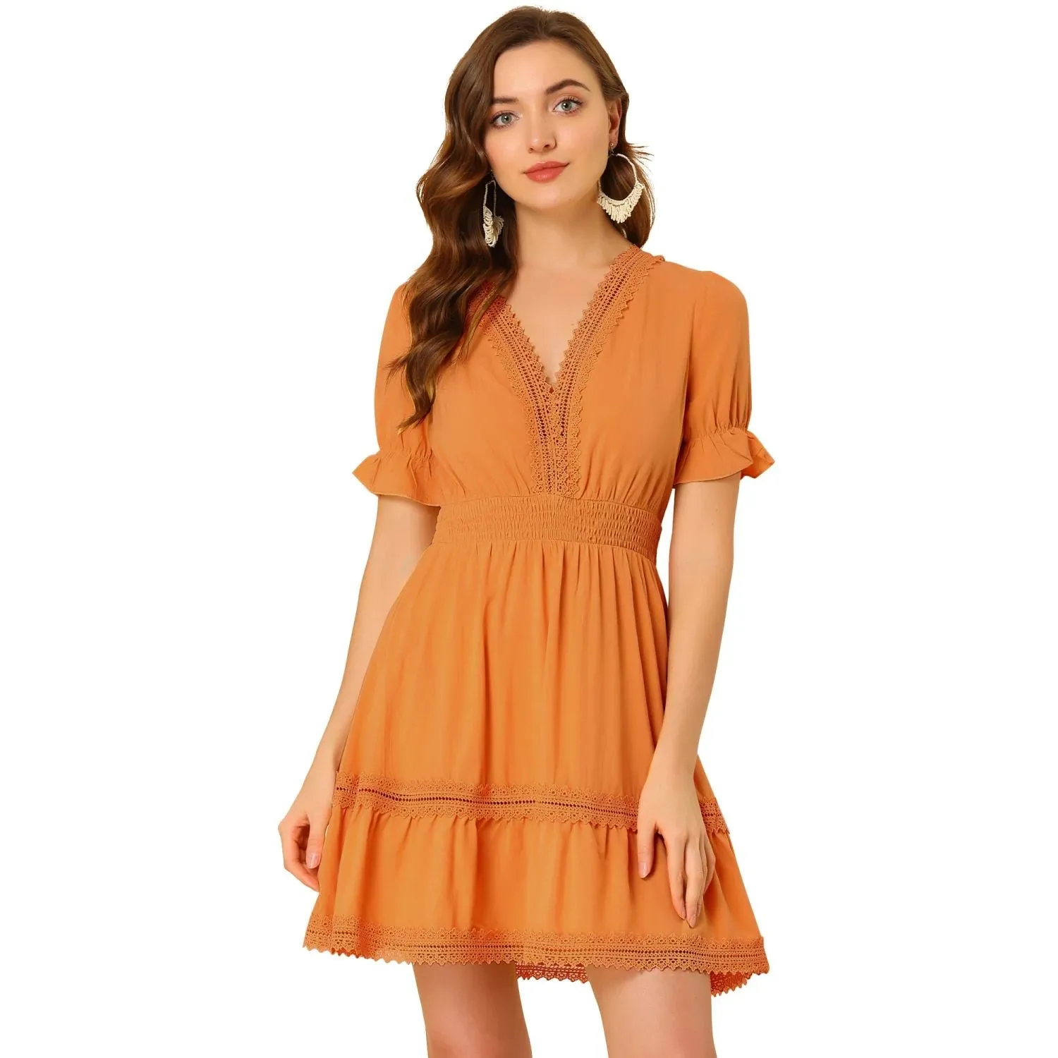 ALLEGRA K Women's Solid V-Neck Elastic Waist Short Sleeve Mini Dress ,  orange