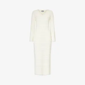 Amy Lynn V-Neck Semi-Sheer Knitted Midi Dress, White