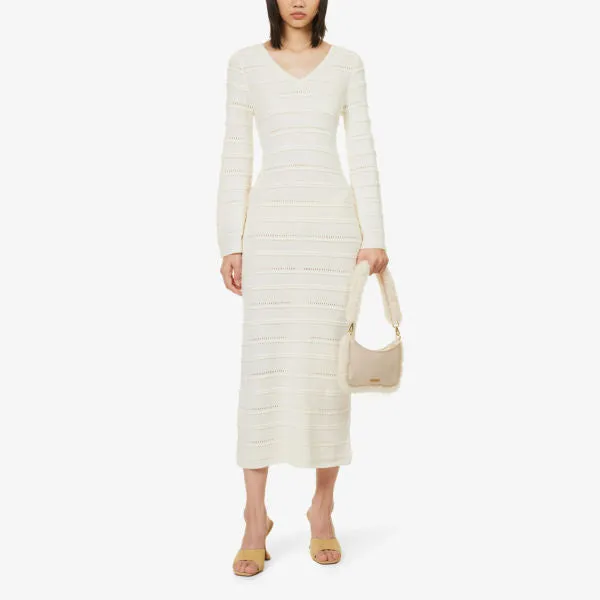 Amy Lynn V-Neck Semi-Sheer Knitted Midi Dress, White