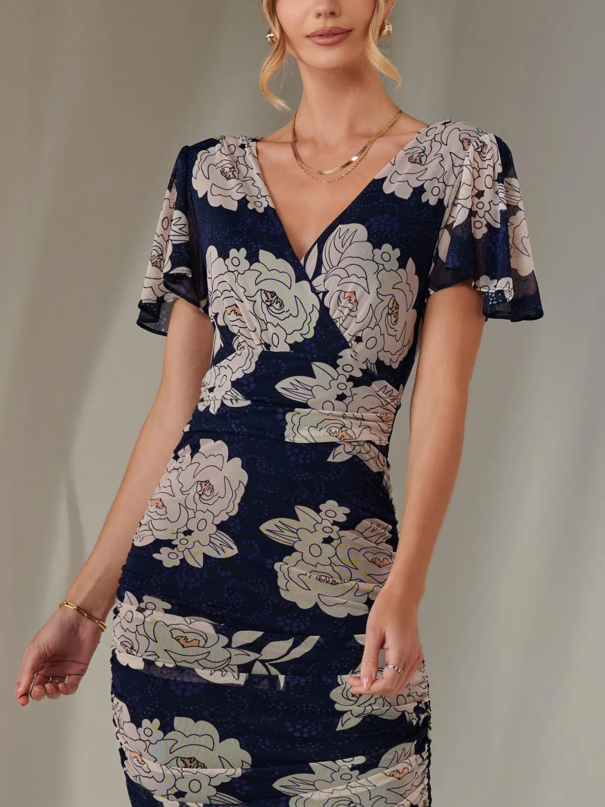 Angel Sleeve Ruched Bodycon Dress, Navy Floral