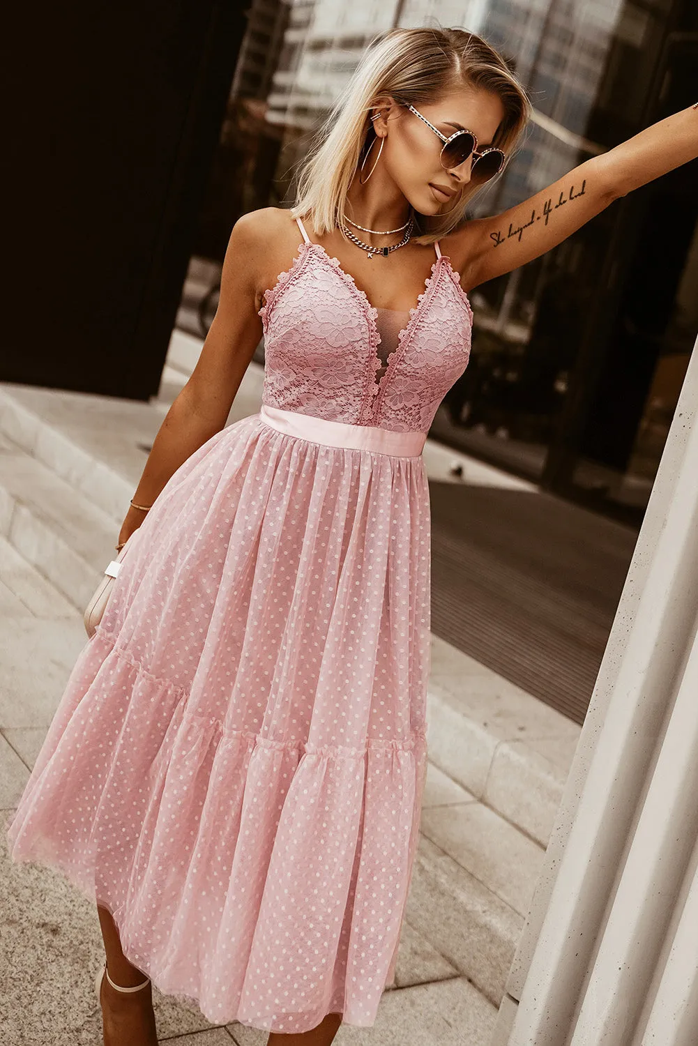 *APP EXCLUSIVE* Lace Adjustable Spaghetti Strap Tiered Dress