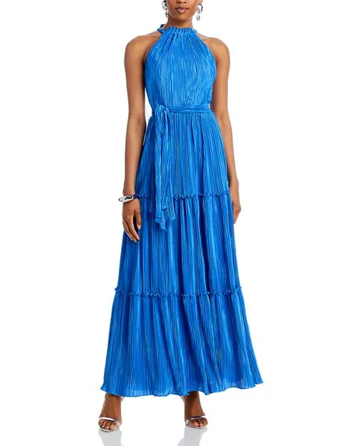 AQUA Tie Waist Pleated Dress, Blue