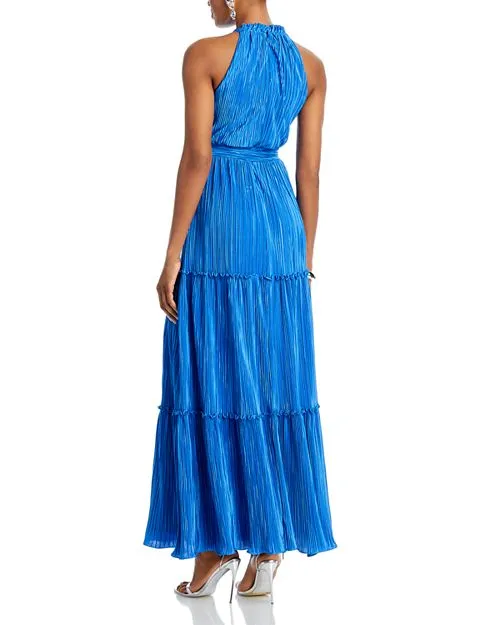 AQUA Tie Waist Pleated Dress, Blue