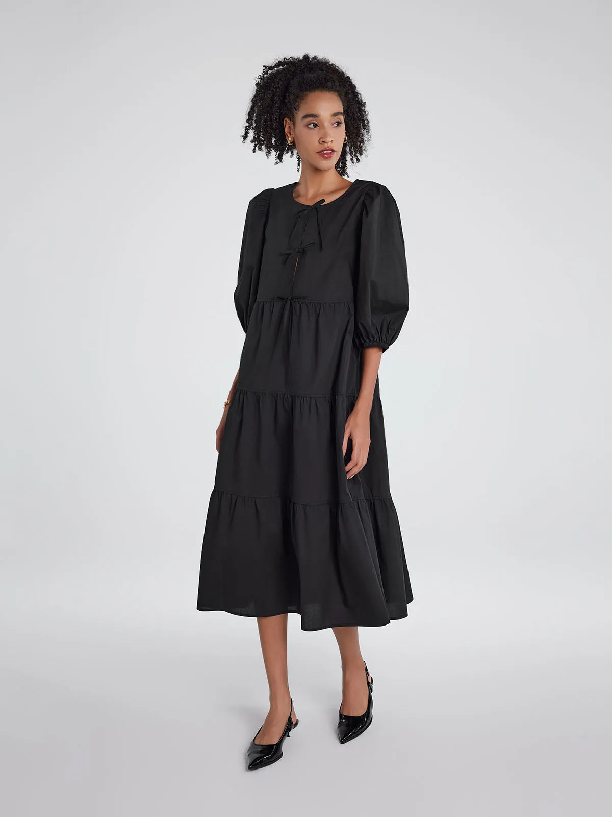 ASOBIO Bow Tie Front Tiered Midi Dress