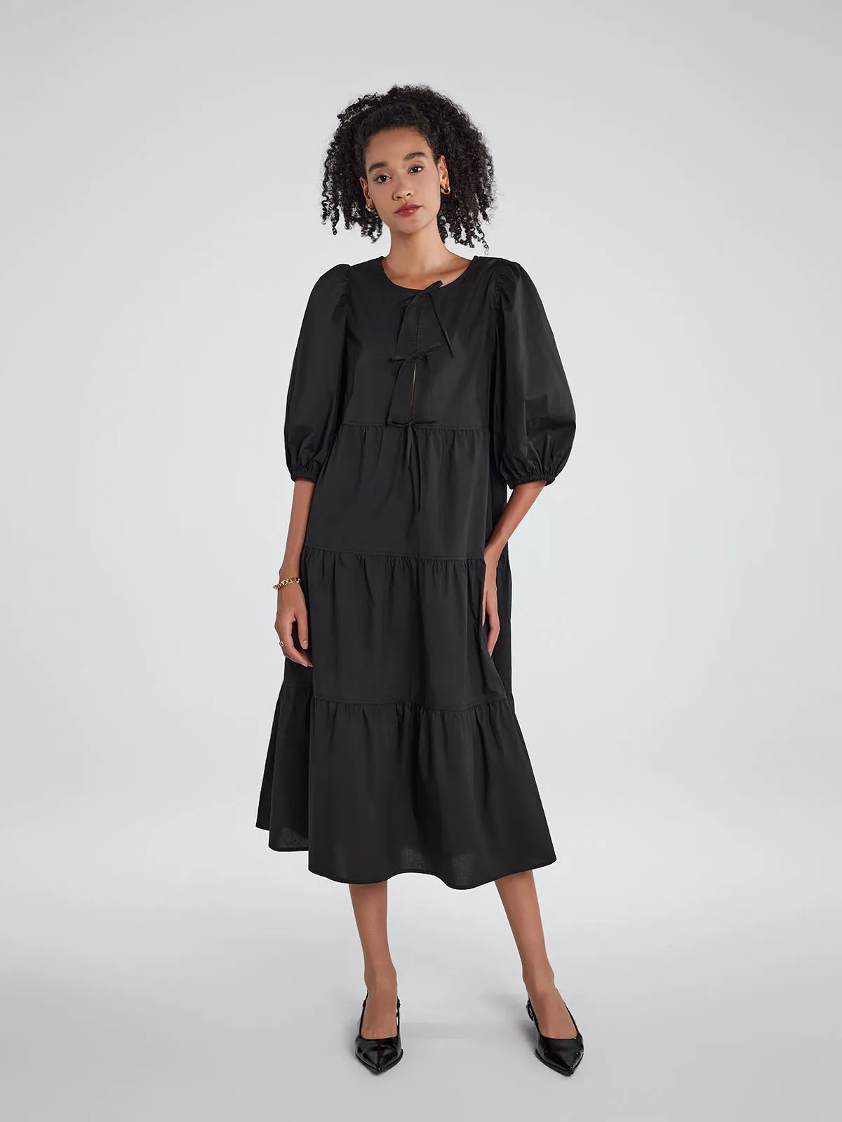 ASOBIO Bow Tie Front Tiered Midi Dress