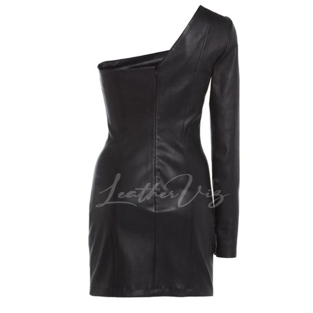 Asymmetric Style One-Shoulder Party Leather Dress For Women