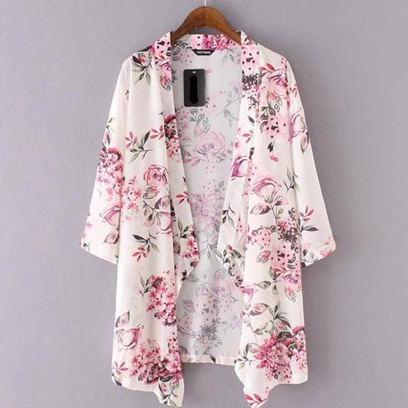 Beachwear Cardigans Floral Print Chiffon Long Kimono (US 4-8)