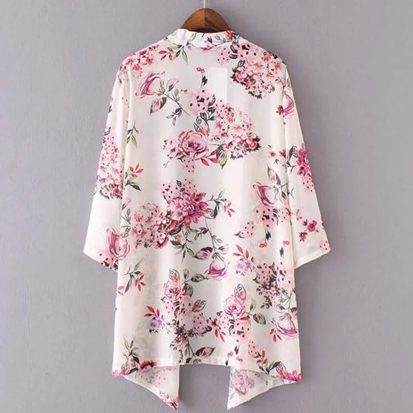 Beachwear Cardigans Floral Print Chiffon Long Kimono (US 4-8)