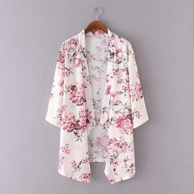 Beachwear Cardigans Floral Print Chiffon Long Kimono (US 4-8)