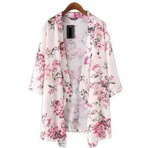 Beachwear Cardigans Floral Print Chiffon Long Kimono (US 4-8)