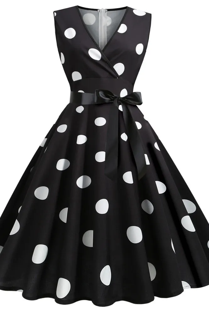 Black And White Polka Dot Sleeveless Swing Dresses