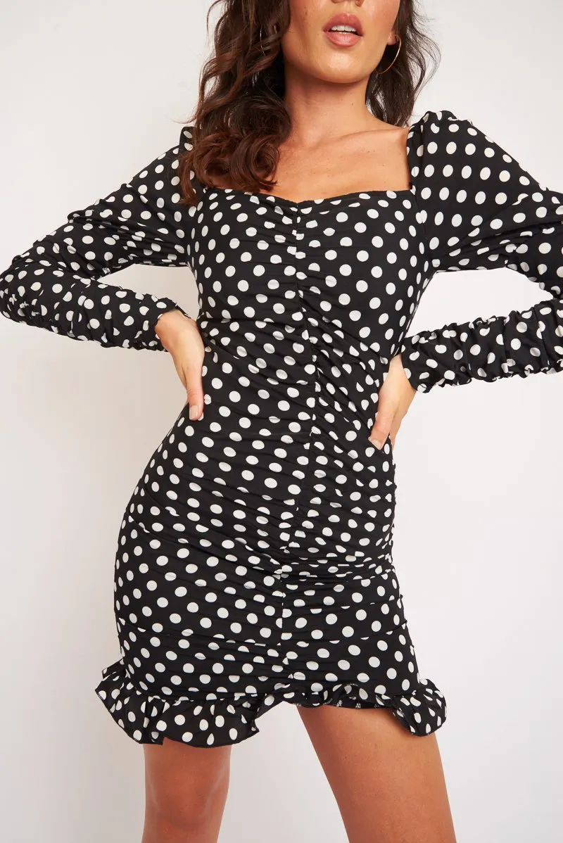 Black Polka Dot Ruched Milkmaid Dress - Neave