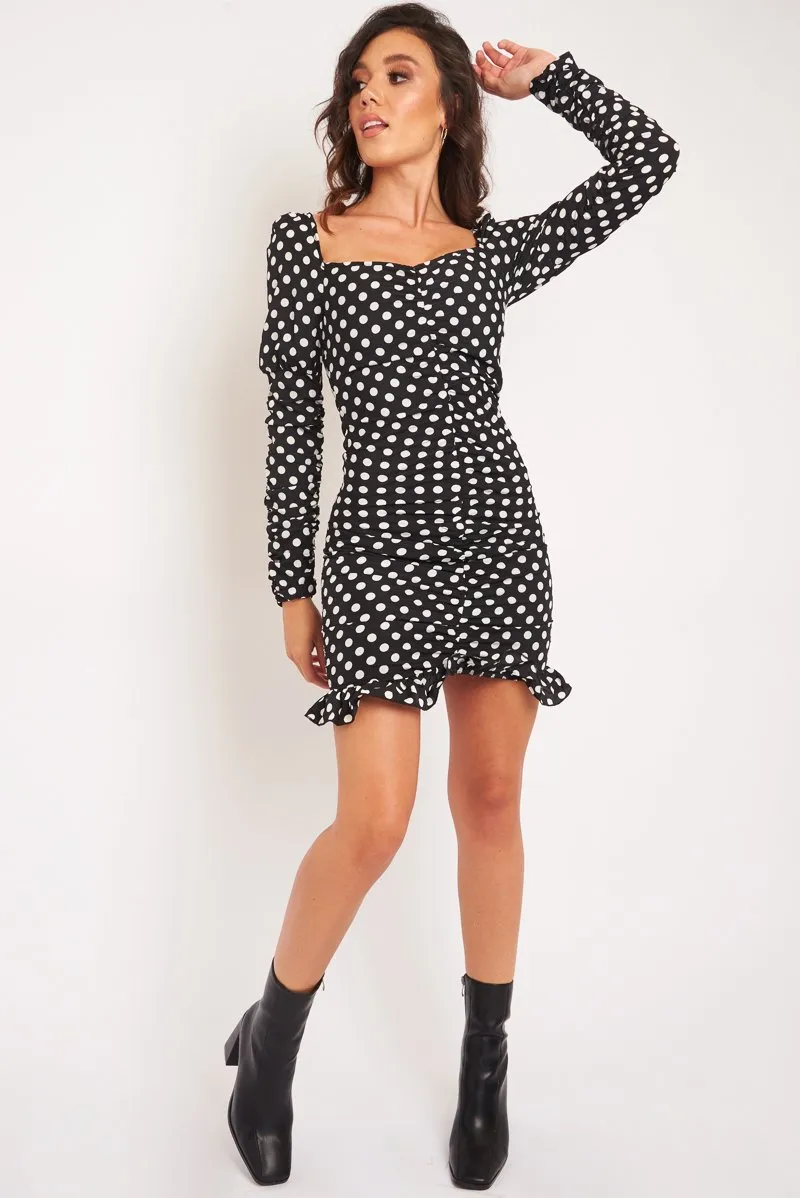 Black Polka Dot Ruched Milkmaid Dress - Neave