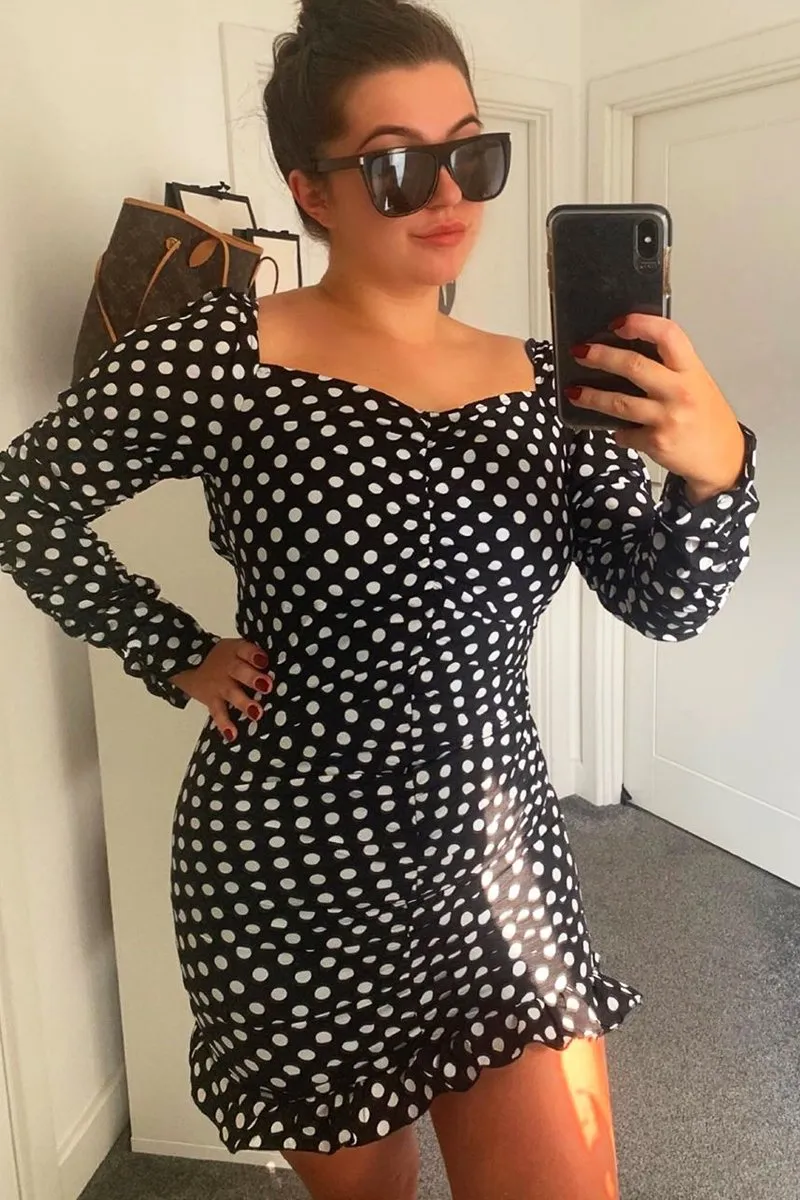 Black Polka Dot Ruched Milkmaid Dress - Neave