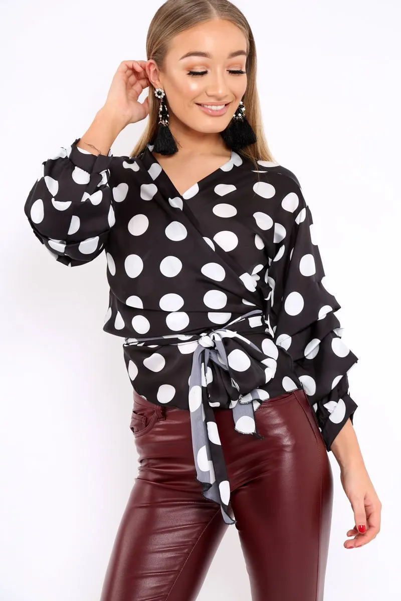 Black Polka Dot Satin Ruffle Sleeve Wrapover Top - Sindie