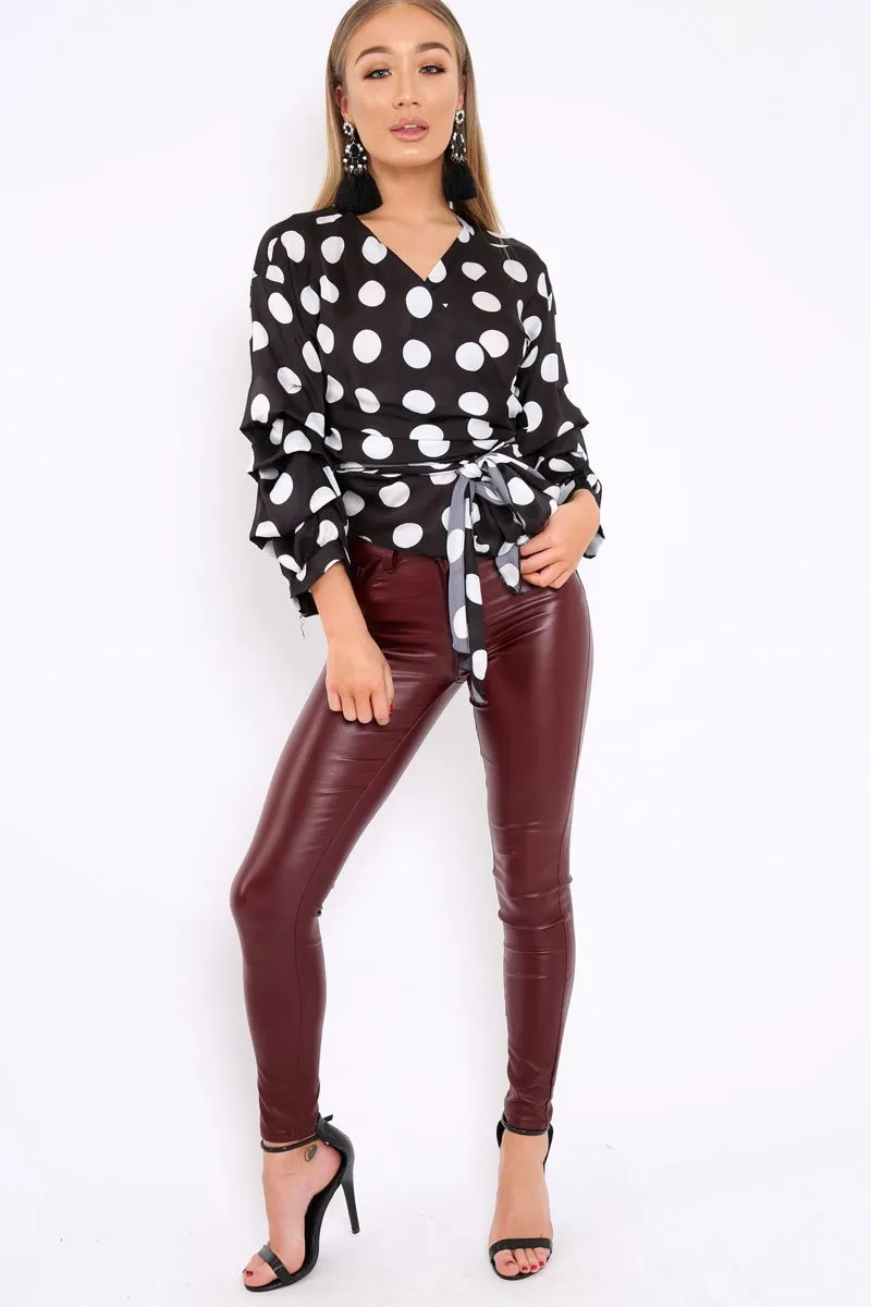 Black Polka Dot Satin Ruffle Sleeve Wrapover Top - Sindie