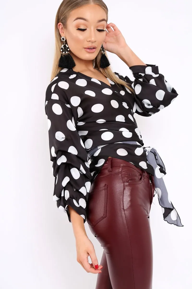 Black Polka Dot Satin Ruffle Sleeve Wrapover Top - Sindie