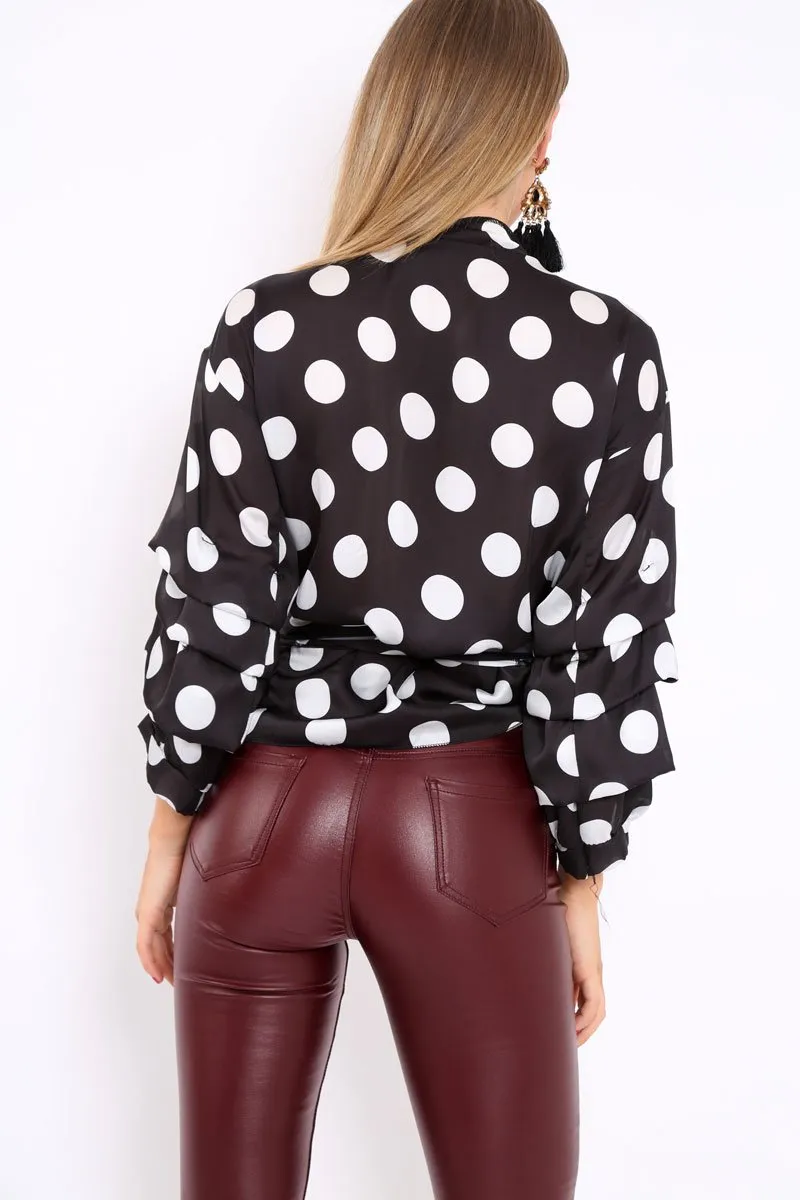 Black Polka Dot Satin Ruffle Sleeve Wrapover Top - Sindie