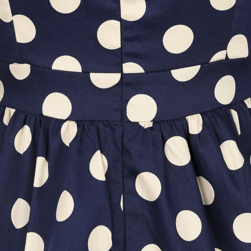 Blue And Cream Polka Dot Vintage 50s 3/4 Sleeve Swing Tea Dress