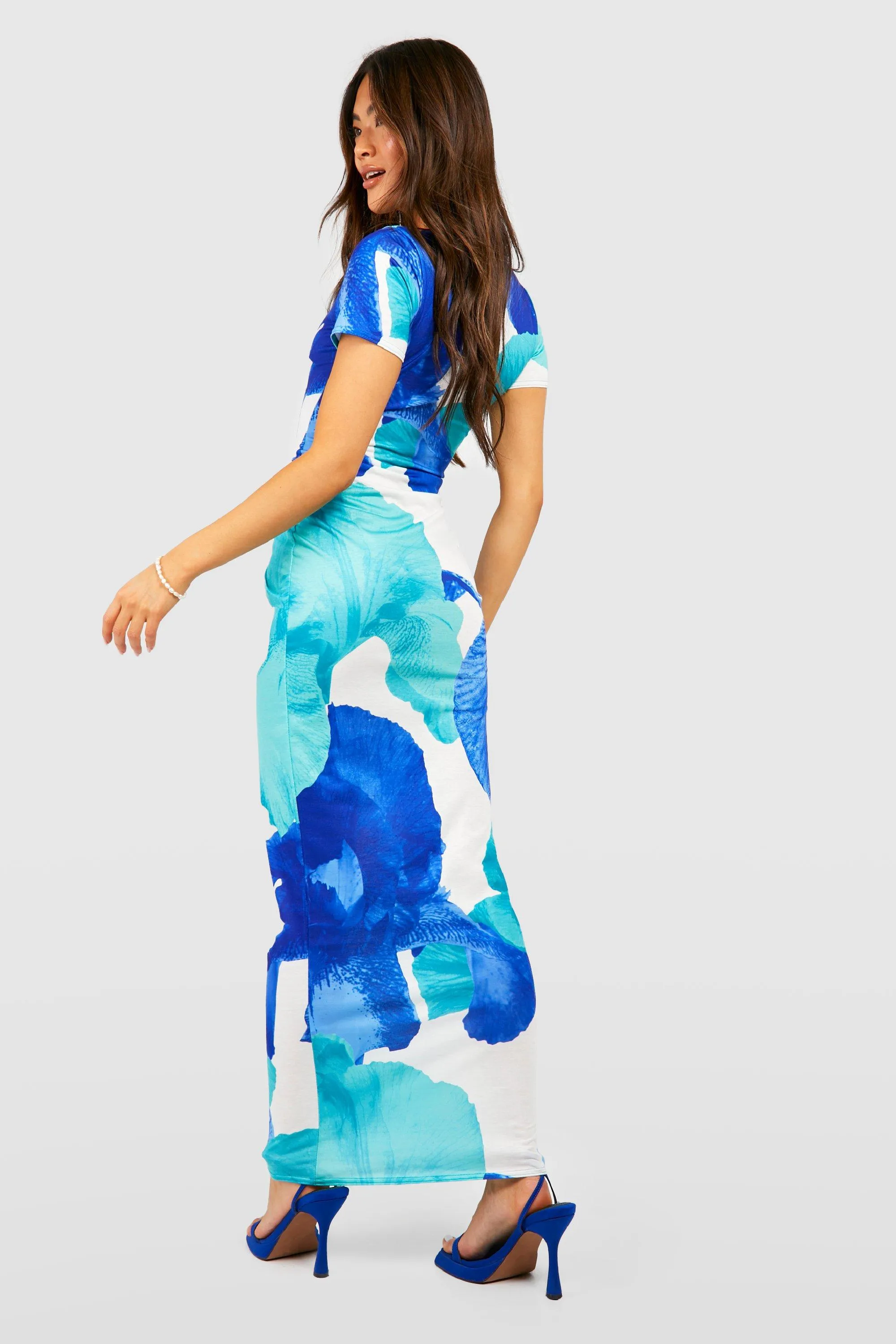 Boohoo Abstract Sleeve Maxi Dress, Blue