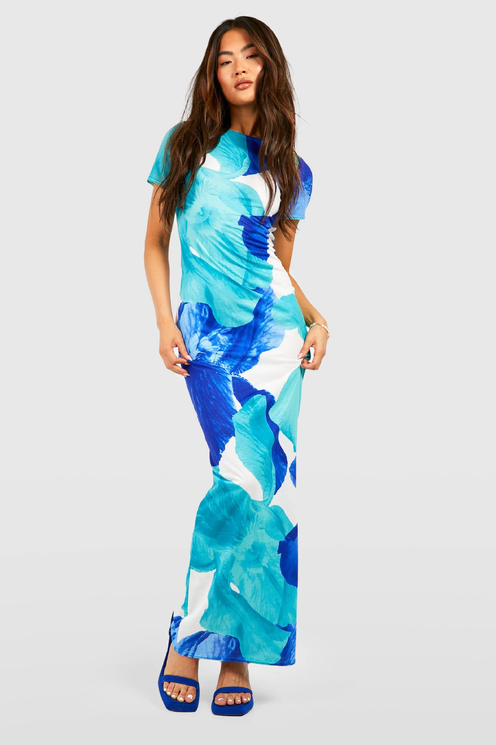 Boohoo Abstract Sleeve Maxi Dress, Blue