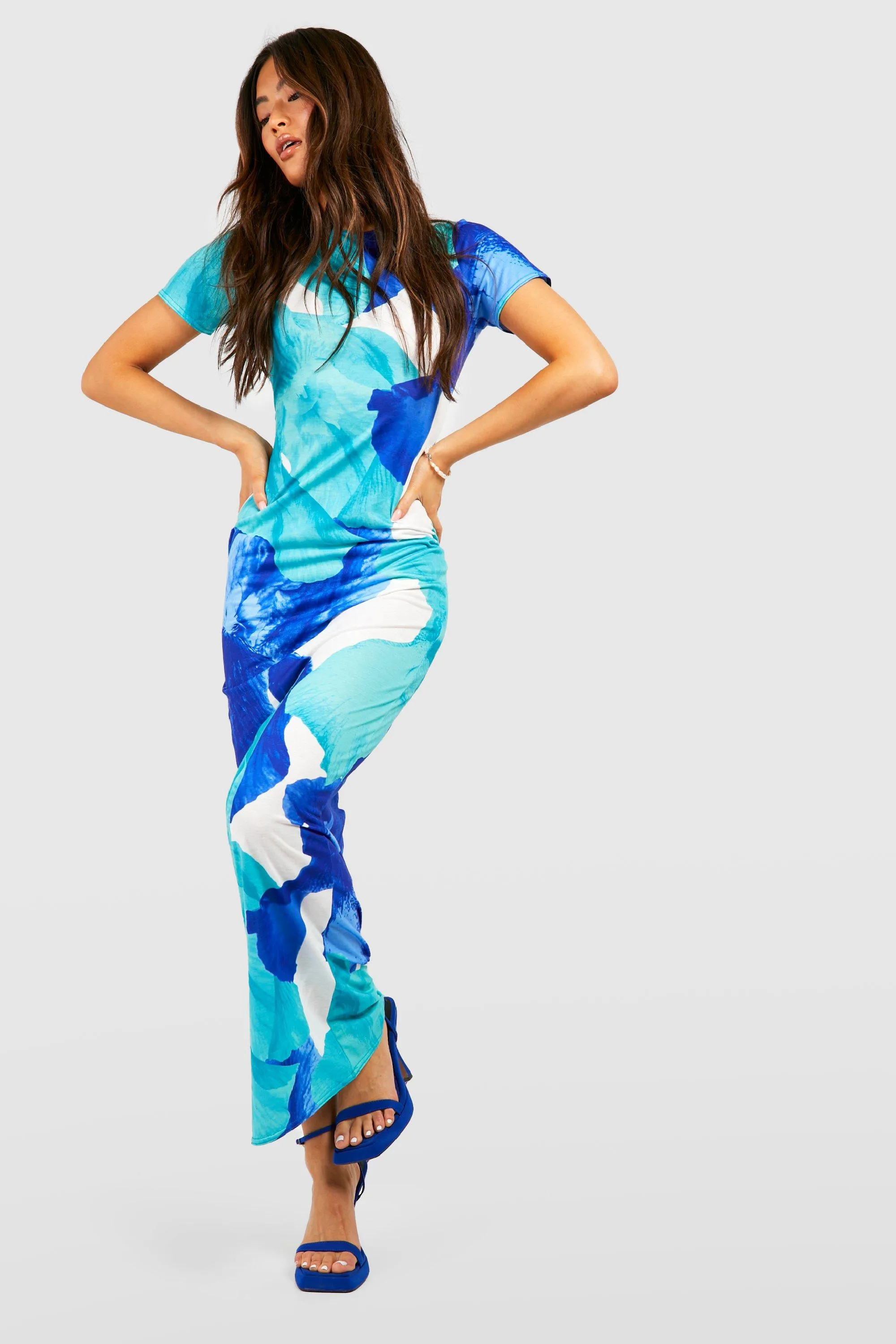 Boohoo Abstract Sleeve Maxi Dress, Blue