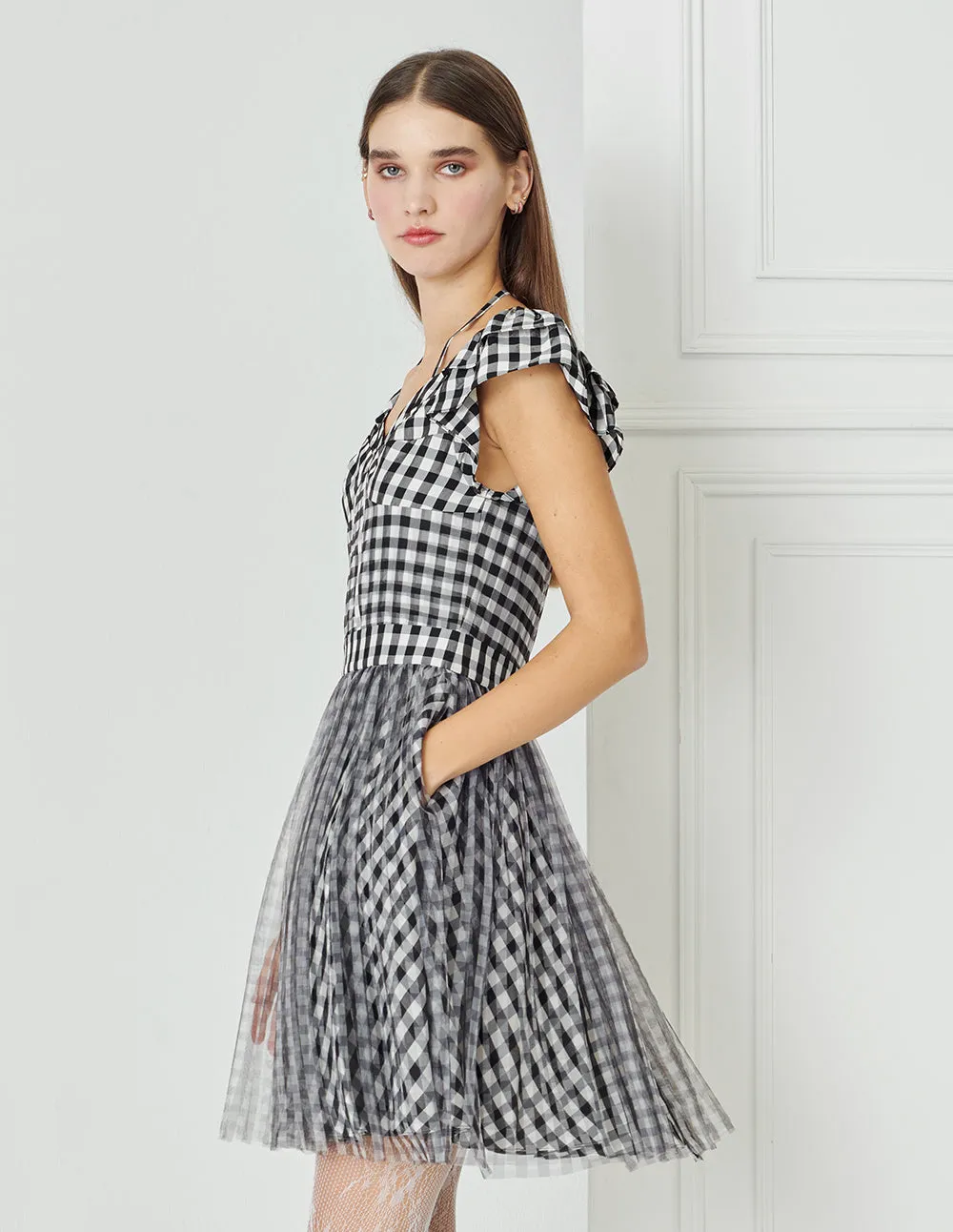 BORA AKSU Checked Mesh-Panelled Pleated Dress