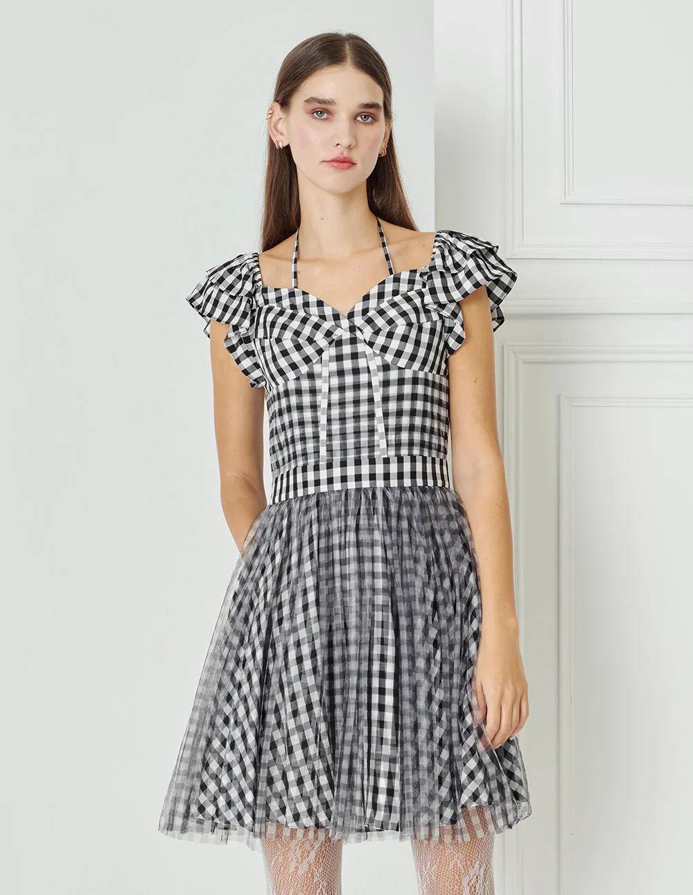 BORA AKSU Checked Mesh-Panelled Pleated Dress