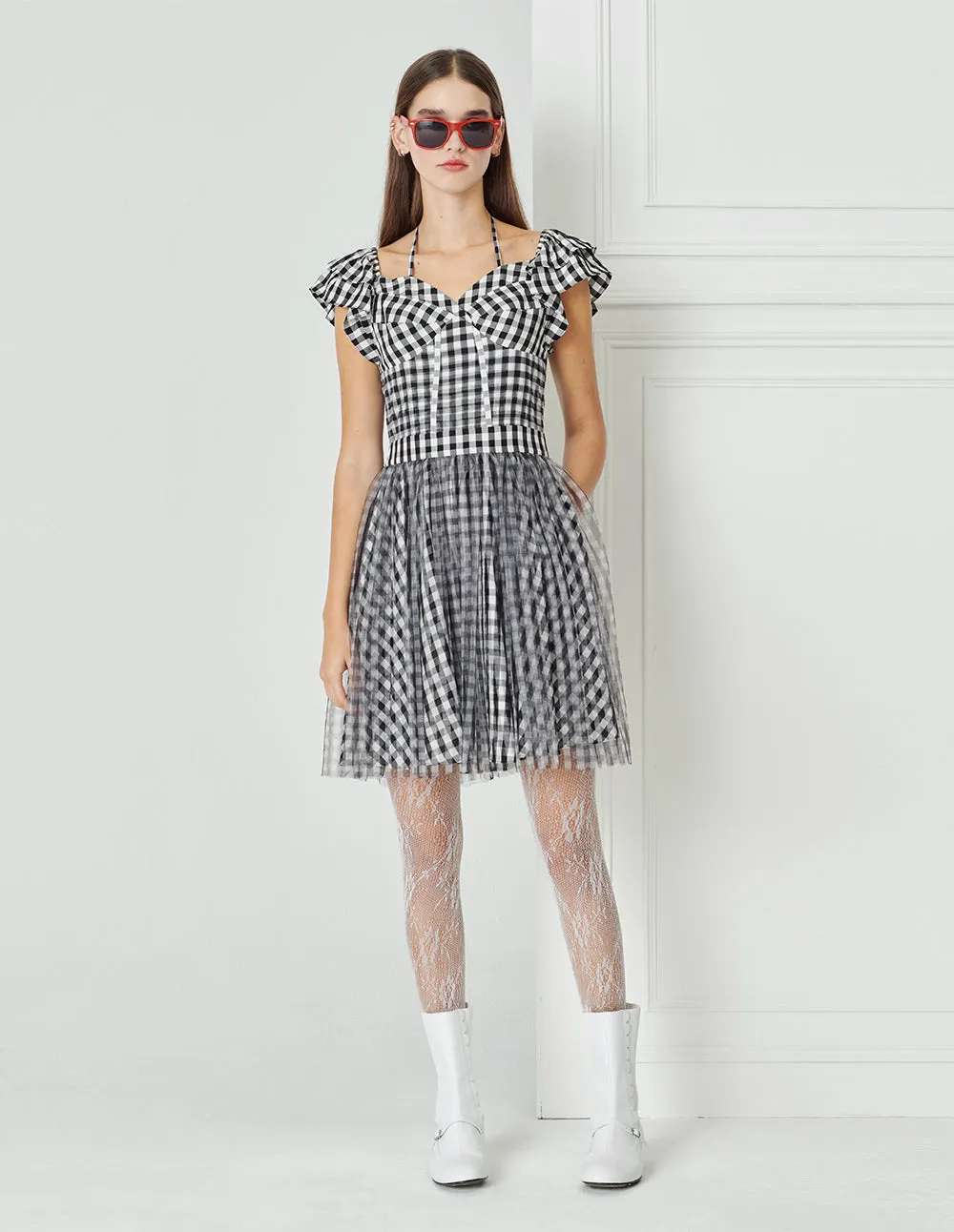 BORA AKSU Checked Mesh-Panelled Pleated Dress