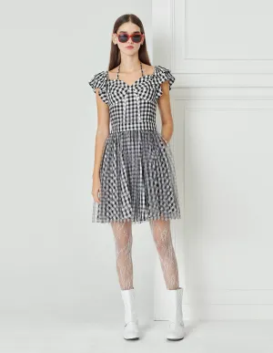 BORA AKSU Checked Mesh-Panelled Pleated Dress