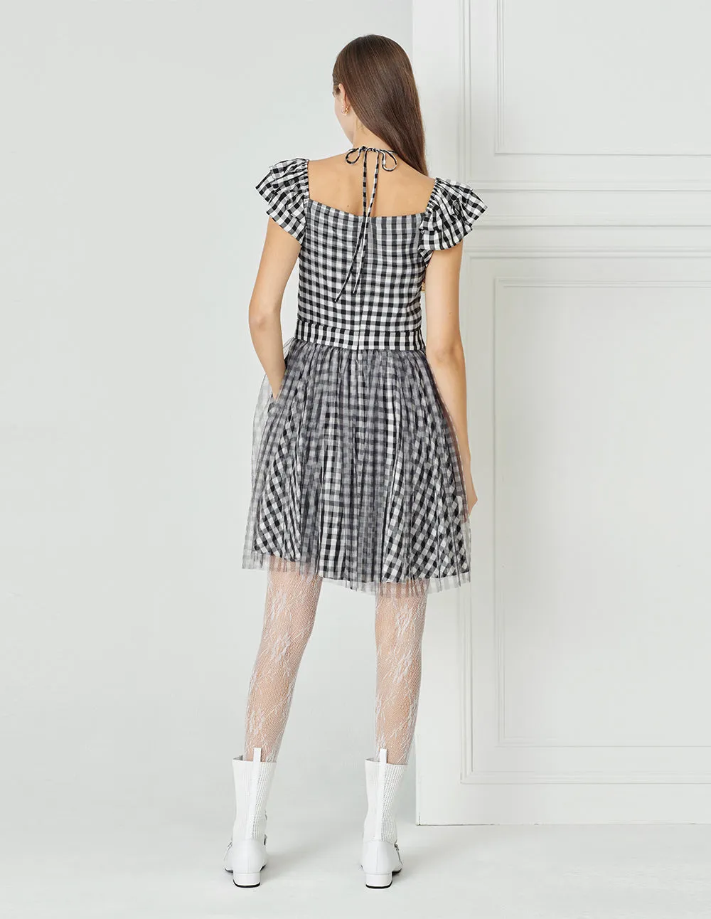 BORA AKSU Checked Mesh-Panelled Pleated Dress