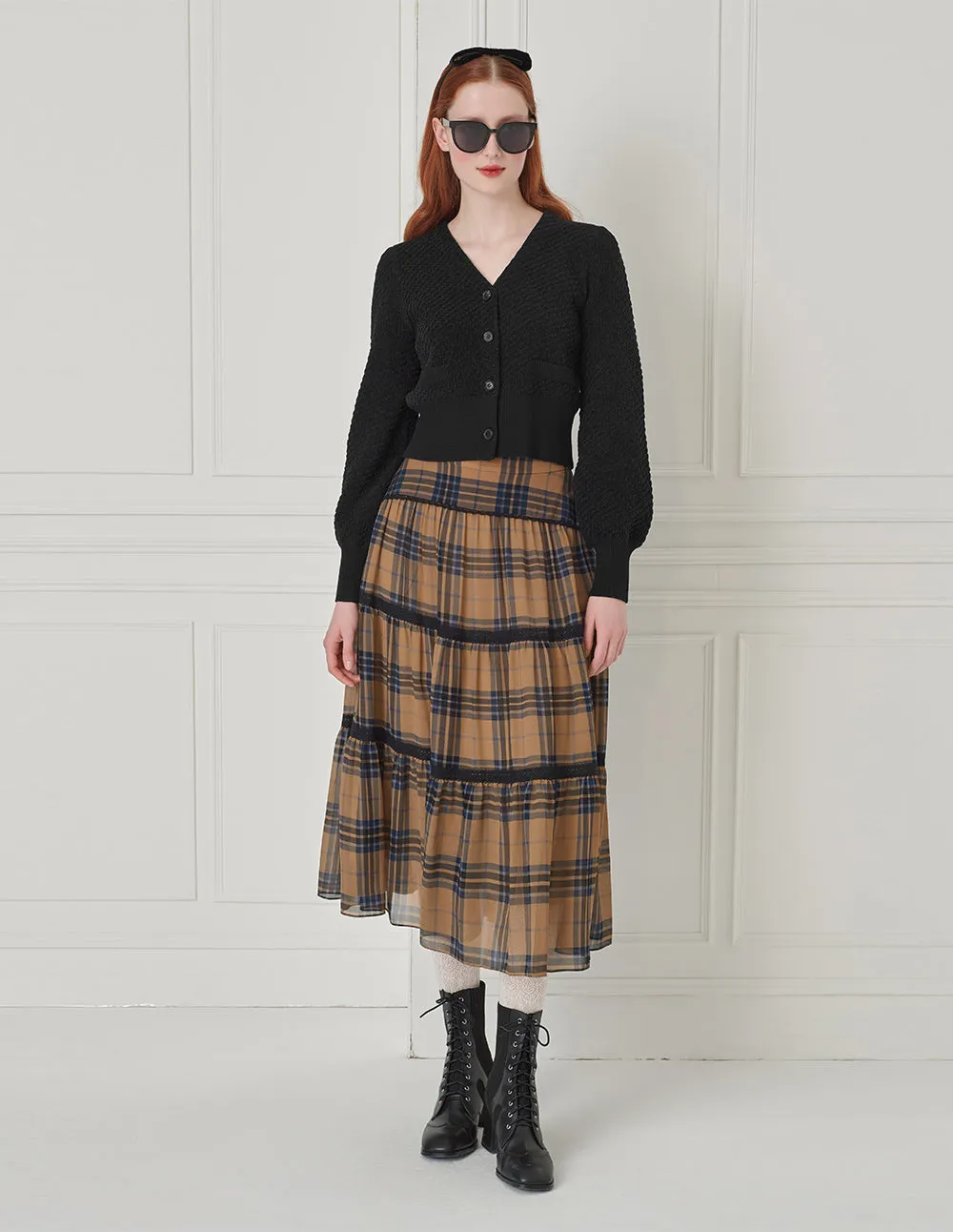 BORA AKSU Checked Tiered Pleated Knee-Length Skirt