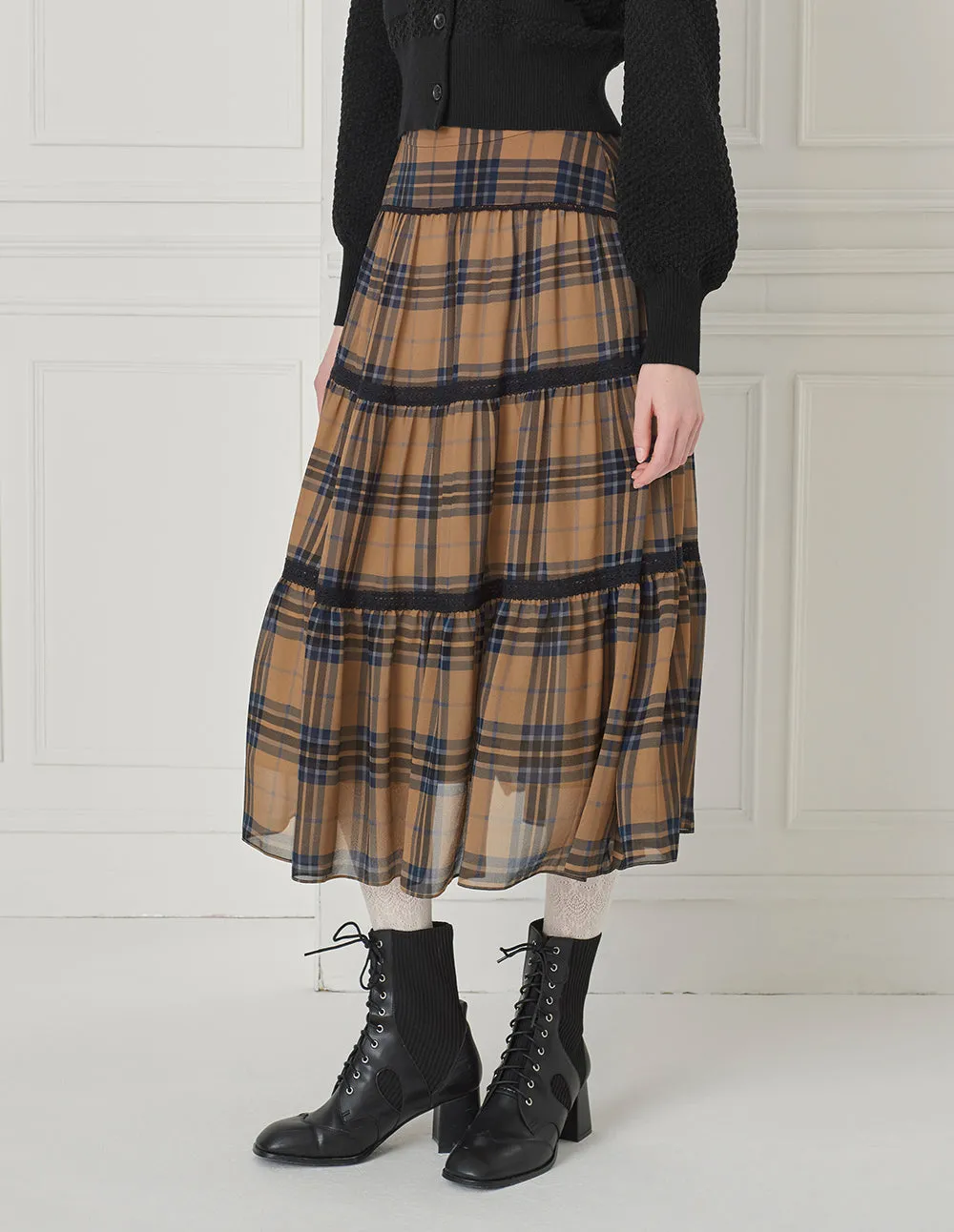 BORA AKSU Checked Tiered Pleated Knee-Length Skirt