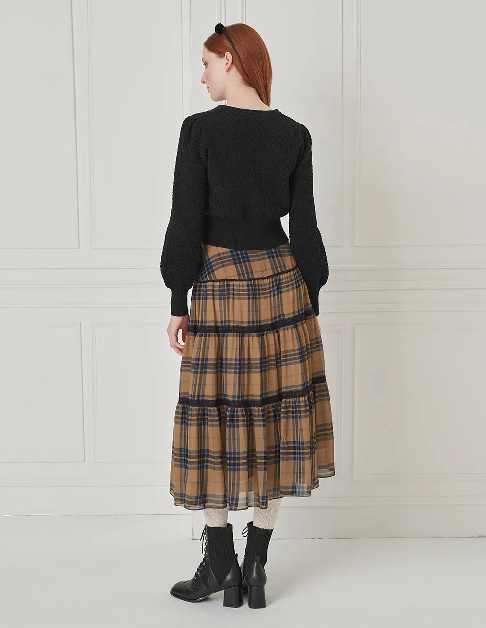 BORA AKSU Checked Tiered Pleated Knee-Length Skirt