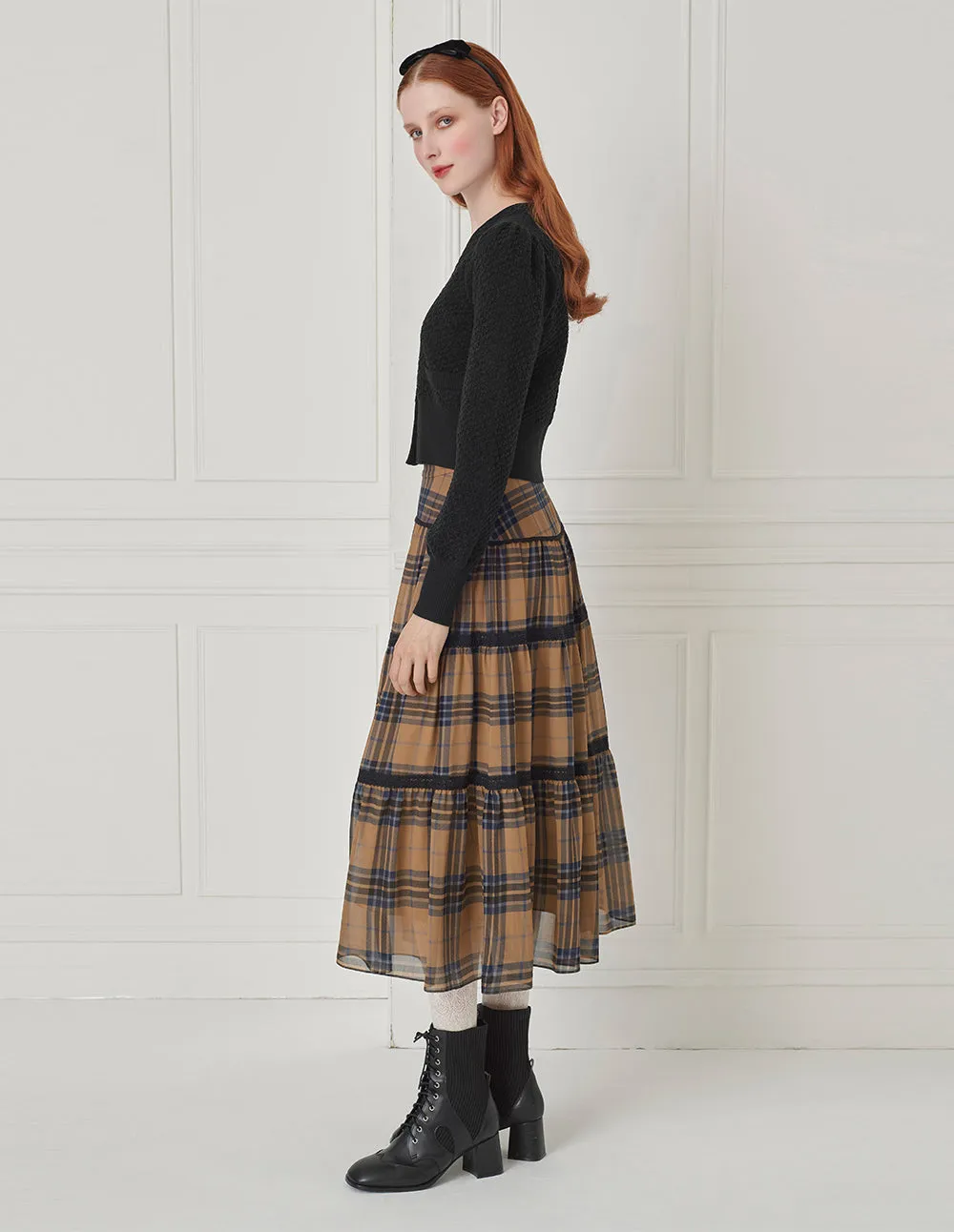 BORA AKSU Checked Tiered Pleated Knee-Length Skirt