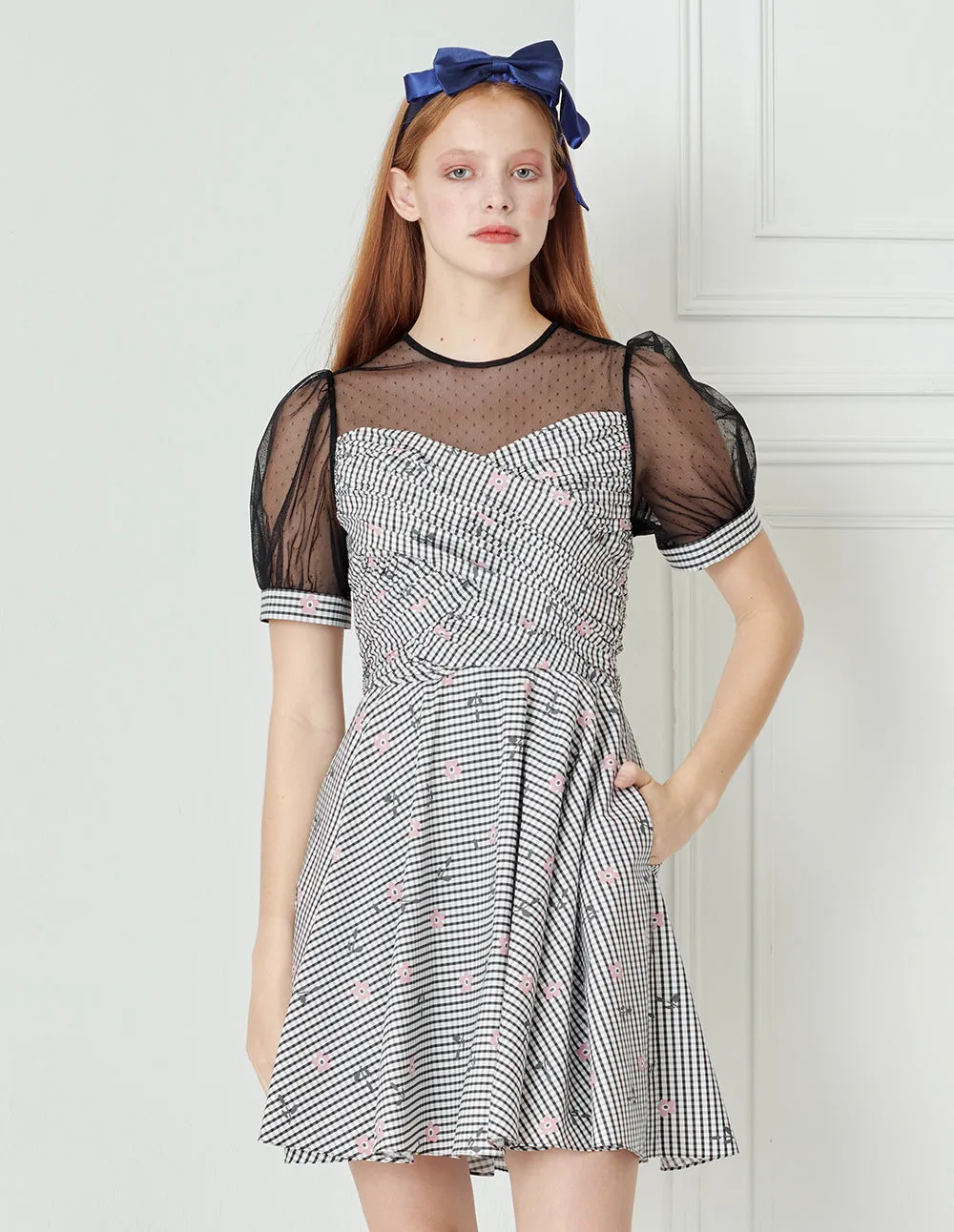 BORA AKSU Polka-dot mesh-panelled checked jacquard pleated dress