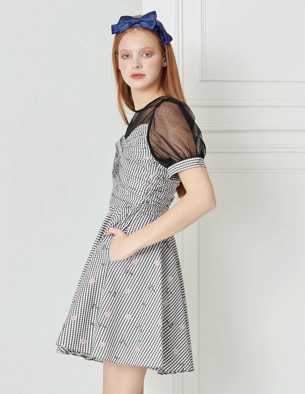 BORA AKSU Polka-dot mesh-panelled checked jacquard pleated dress