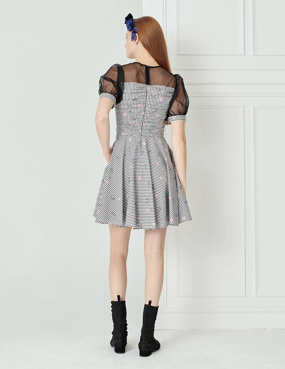 BORA AKSU Polka-dot mesh-panelled checked jacquard pleated dress