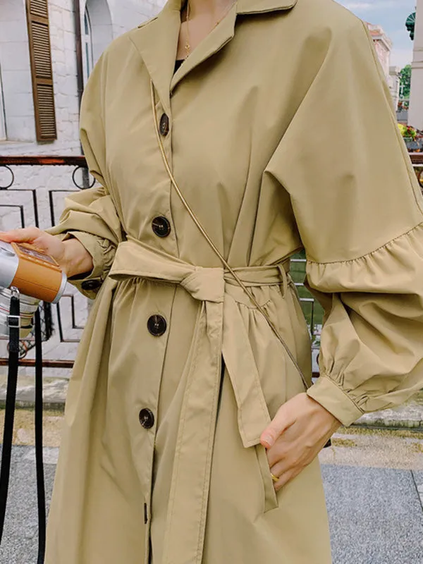 Casual Lose Tied Buttoned High-Waist Notched Collar Long Bishop Sleeves Trench Coat