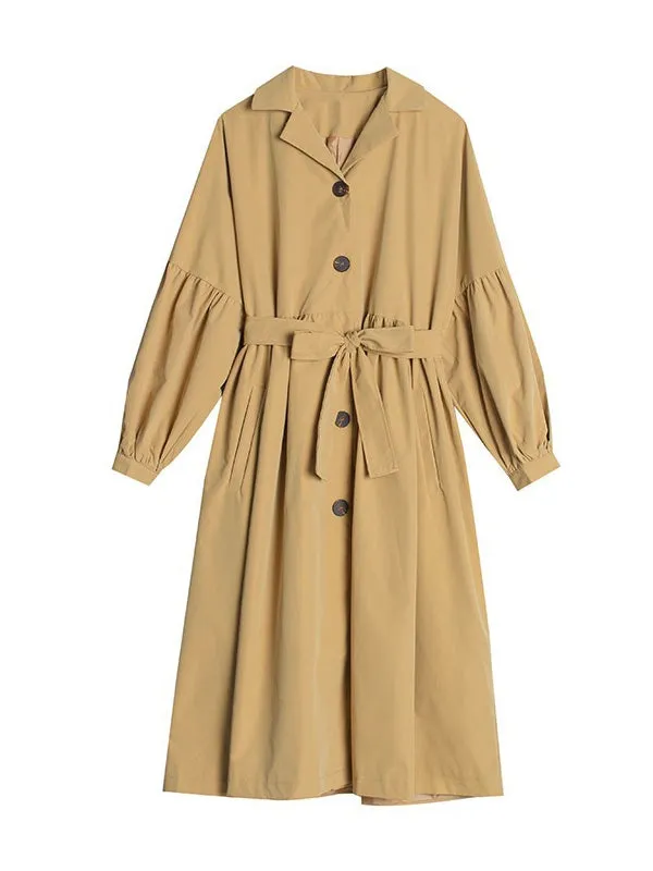 Casual Lose Tied Buttoned High-Waist Notched Collar Long Bishop Sleeves Trench Coat