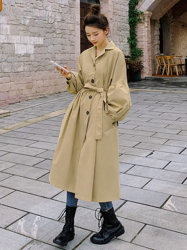 Casual Lose Tied Buttoned High-Waist Notched Collar Long Bishop Sleeves Trench Coat