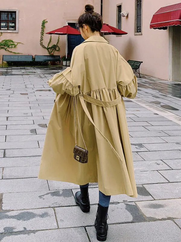 Casual Lose Tied Buttoned High-Waist Notched Collar Long Bishop Sleeves Trench Coat