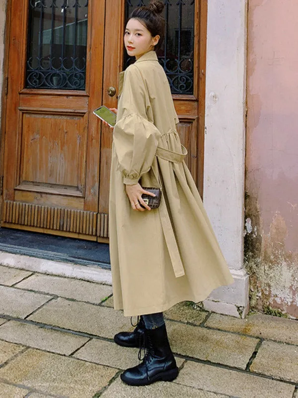 Casual Lose Tied Buttoned High-Waist Notched Collar Long Bishop Sleeves Trench Coat